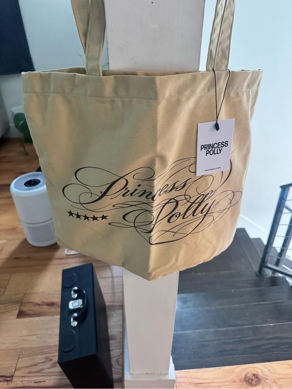 Princess Polly Tan Canvas Tote with Black Script Logo